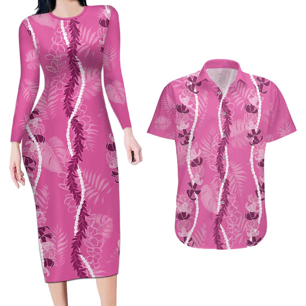 Hawaii Maile Lei Couples Matching Long Sleeve Bodycon Dress and Hawaiian Shirt With Pink Monstera Pattern LT05 Pink - Polynesian Pride