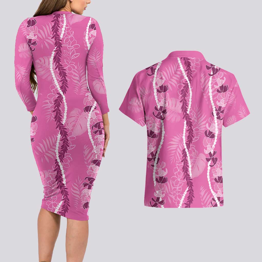 Hawaii Maile Lei Couples Matching Long Sleeve Bodycon Dress and Hawaiian Shirt With Pink Monstera Pattern LT05 - Polynesian Pride