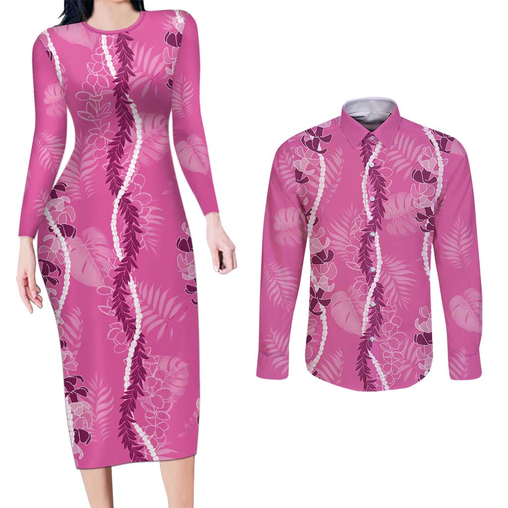 Hawaii Maile Lei Couples Matching Long Sleeve Bodycon Dress and Long Sleeve Button Shirt With Pink Monstera Pattern LT05 Pink - Polynesian Pride
