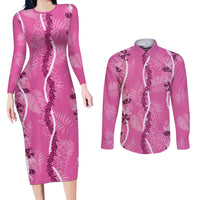 Hawaii Maile Lei Couples Matching Long Sleeve Bodycon Dress and Long Sleeve Button Shirt With Pink Monstera Pattern LT05 Pink - Polynesian Pride