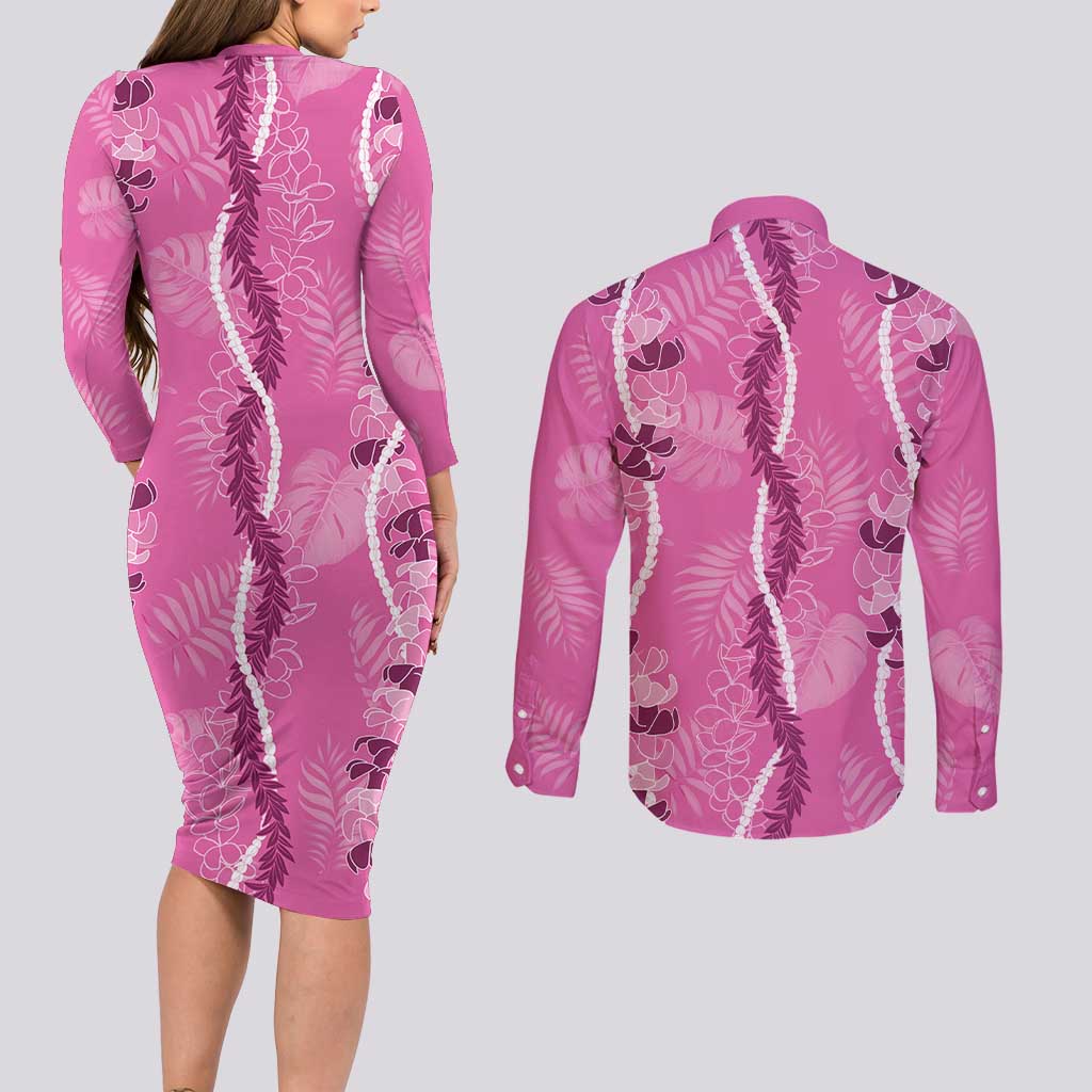 Hawaii Maile Lei Couples Matching Long Sleeve Bodycon Dress and Long Sleeve Button Shirt With Pink Monstera Pattern LT05 - Polynesian Pride