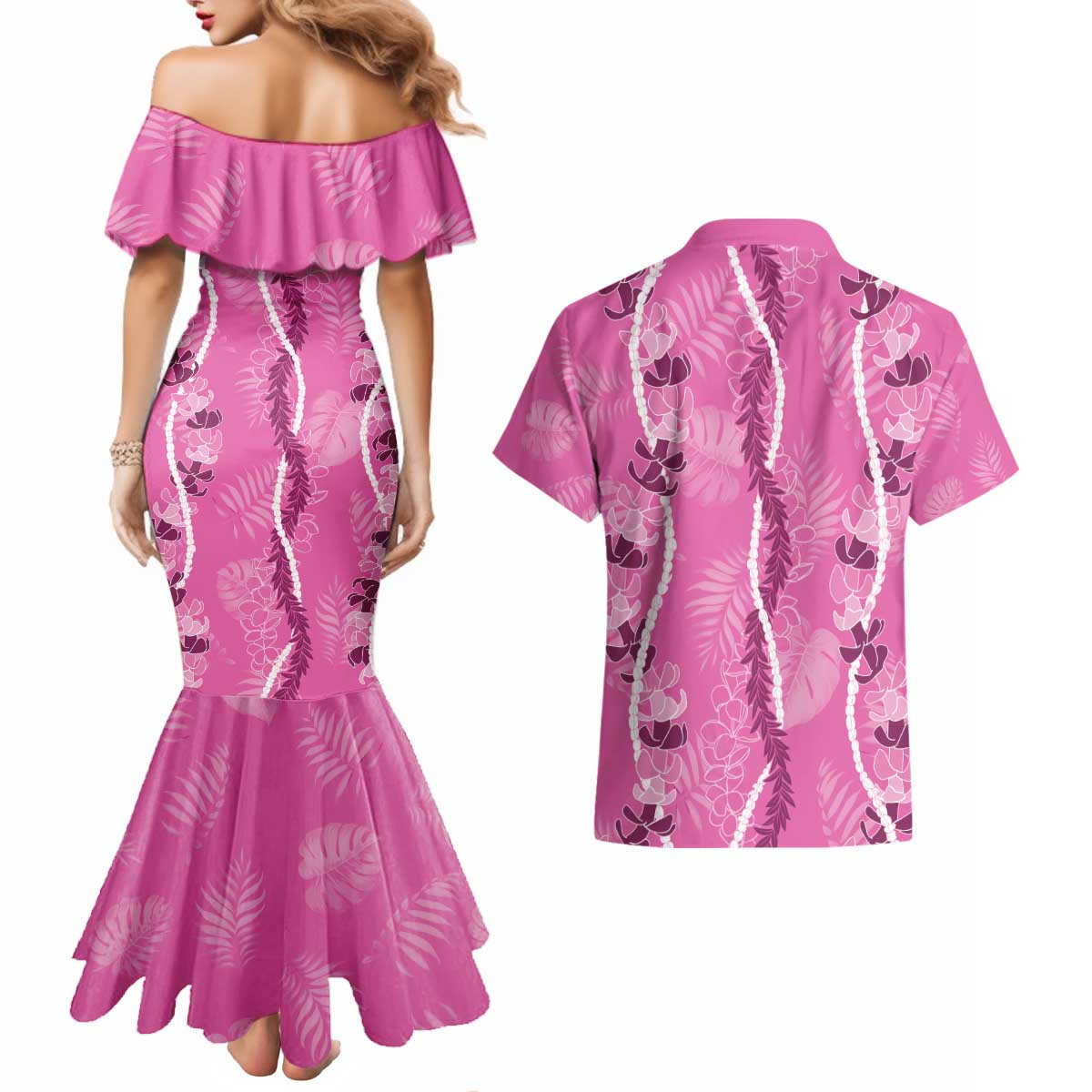 Hawaii Maile Lei Couples Matching Mermaid Dress and Hawaiian Shirt With Pink Monstera Pattern LT05 - Polynesian Pride