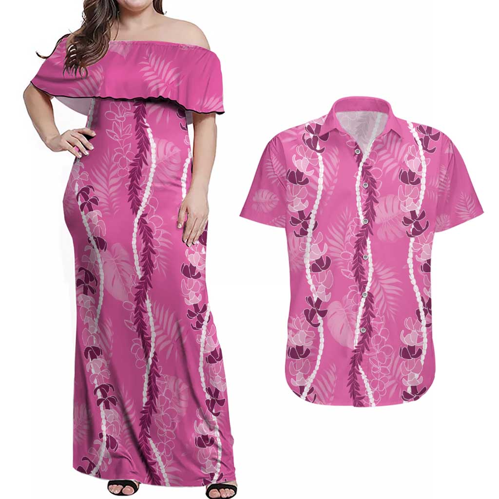 Hawaii Maile Lei Couples Matching Off Shoulder Maxi Dress and Hawaiian Shirt With Pink Monstera Pattern LT05 Pink - Polynesian Pride