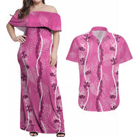 Hawaii Maile Lei Couples Matching Off Shoulder Maxi Dress and Hawaiian Shirt With Pink Monstera Pattern LT05 Pink - Polynesian Pride