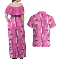Hawaii Maile Lei Couples Matching Off Shoulder Maxi Dress and Hawaiian Shirt With Pink Monstera Pattern LT05 - Polynesian Pride