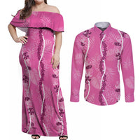 Hawaii Maile Lei Couples Matching Off Shoulder Maxi Dress and Long Sleeve Button Shirt With Pink Monstera Pattern LT05 Pink - Polynesian Pride