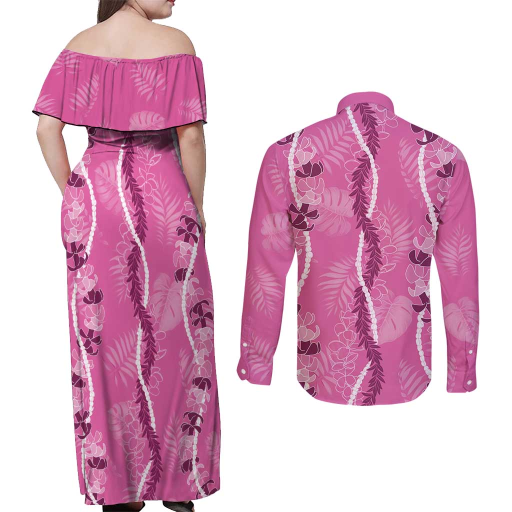 Hawaii Maile Lei Couples Matching Off Shoulder Maxi Dress and Long Sleeve Button Shirt With Pink Monstera Pattern LT05 - Polynesian Pride