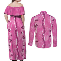 Hawaii Maile Lei Couples Matching Off Shoulder Maxi Dress and Long Sleeve Button Shirt With Pink Monstera Pattern LT05 - Polynesian Pride
