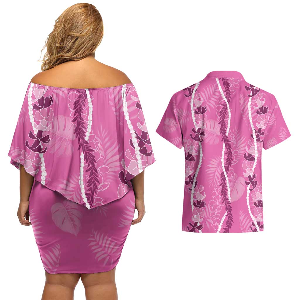 Hawaii Maile Lei Couples Matching Off Shoulder Short Dress and Hawaiian Shirt With Pink Monstera Pattern LT05 - Polynesian Pride