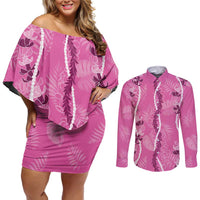 Hawaii Maile Lei Couples Matching Off Shoulder Short Dress and Long Sleeve Button Shirt With Pink Monstera Pattern LT05 Pink - Polynesian Pride