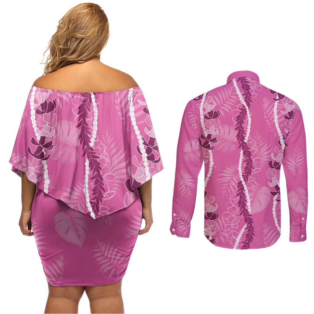 Hawaii Maile Lei Couples Matching Off Shoulder Short Dress and Long Sleeve Button Shirt With Pink Monstera Pattern LT05 - Polynesian Pride
