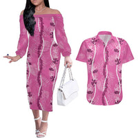 Hawaii Maile Lei Couples Matching Off The Shoulder Long Sleeve Dress and Hawaiian Shirt With Pink Monstera Pattern LT05 Pink - Polynesian Pride