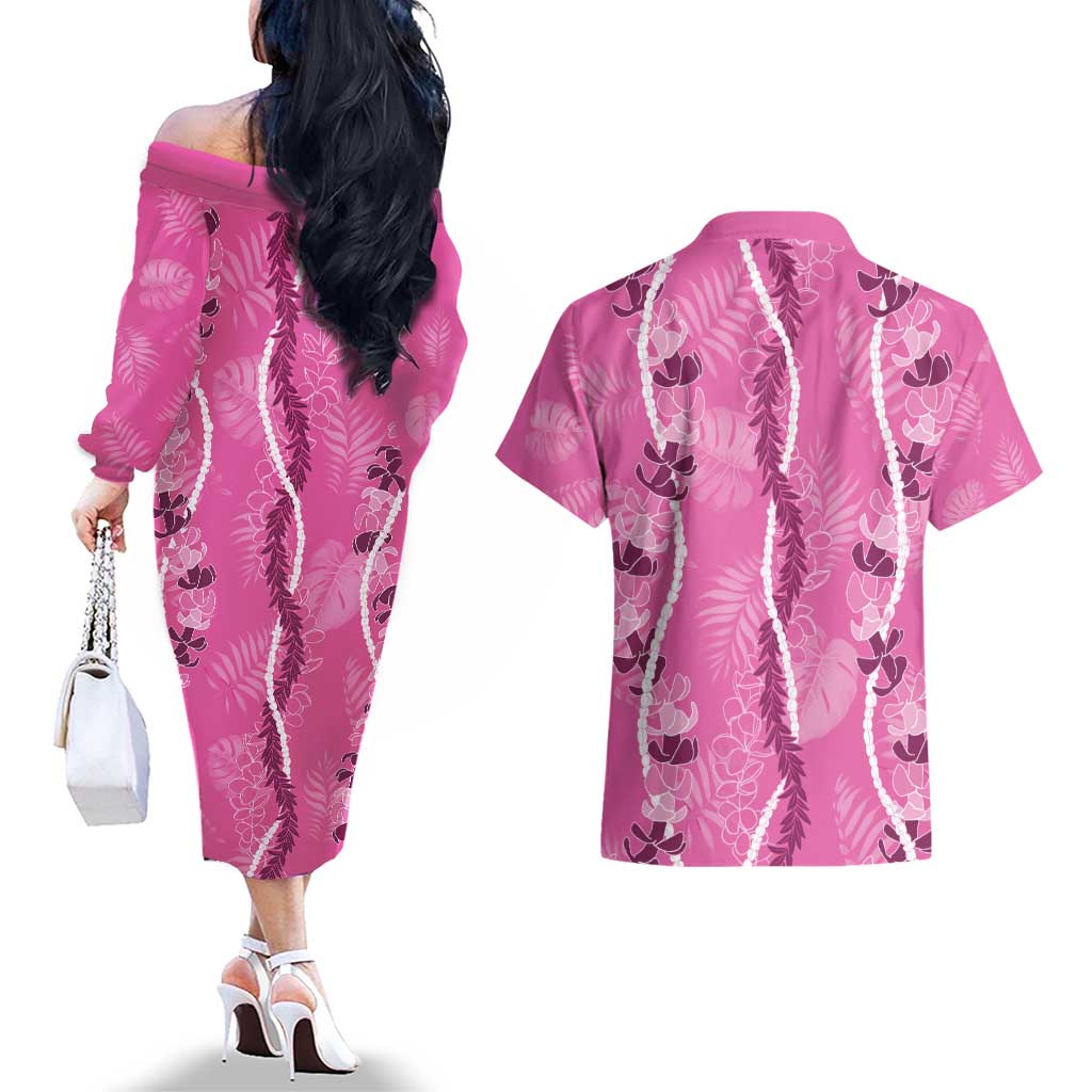 Hawaii Maile Lei Couples Matching Off The Shoulder Long Sleeve Dress and Hawaiian Shirt With Pink Monstera Pattern LT05 - Polynesian Pride