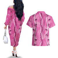 Hawaii Maile Lei Couples Matching Off The Shoulder Long Sleeve Dress and Hawaiian Shirt With Pink Monstera Pattern LT05 - Polynesian Pride