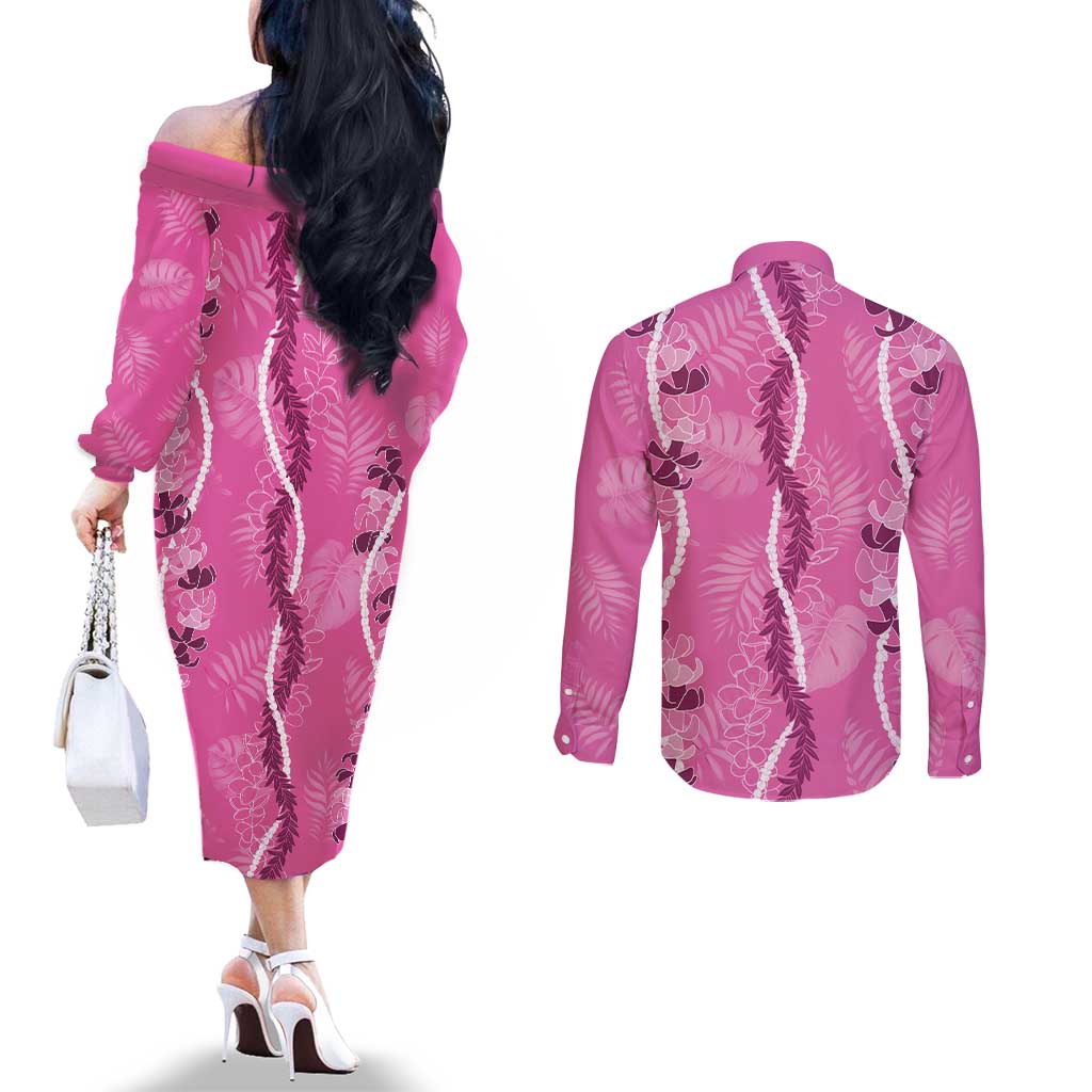 Hawaii Maile Lei Couples Matching Off The Shoulder Long Sleeve Dress and Long Sleeve Button Shirt With Pink Monstera Pattern LT05 - Polynesian Pride