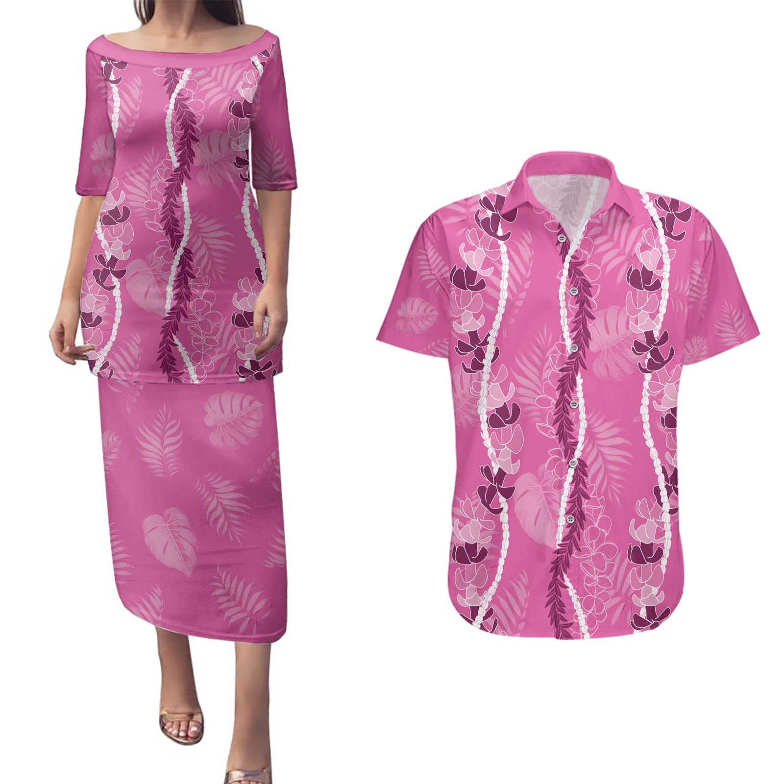 Hawaii Maile Lei Couples Matching Puletasi and Hawaiian Shirt With Pink Monstera Pattern LT05 Pink - Polynesian Pride