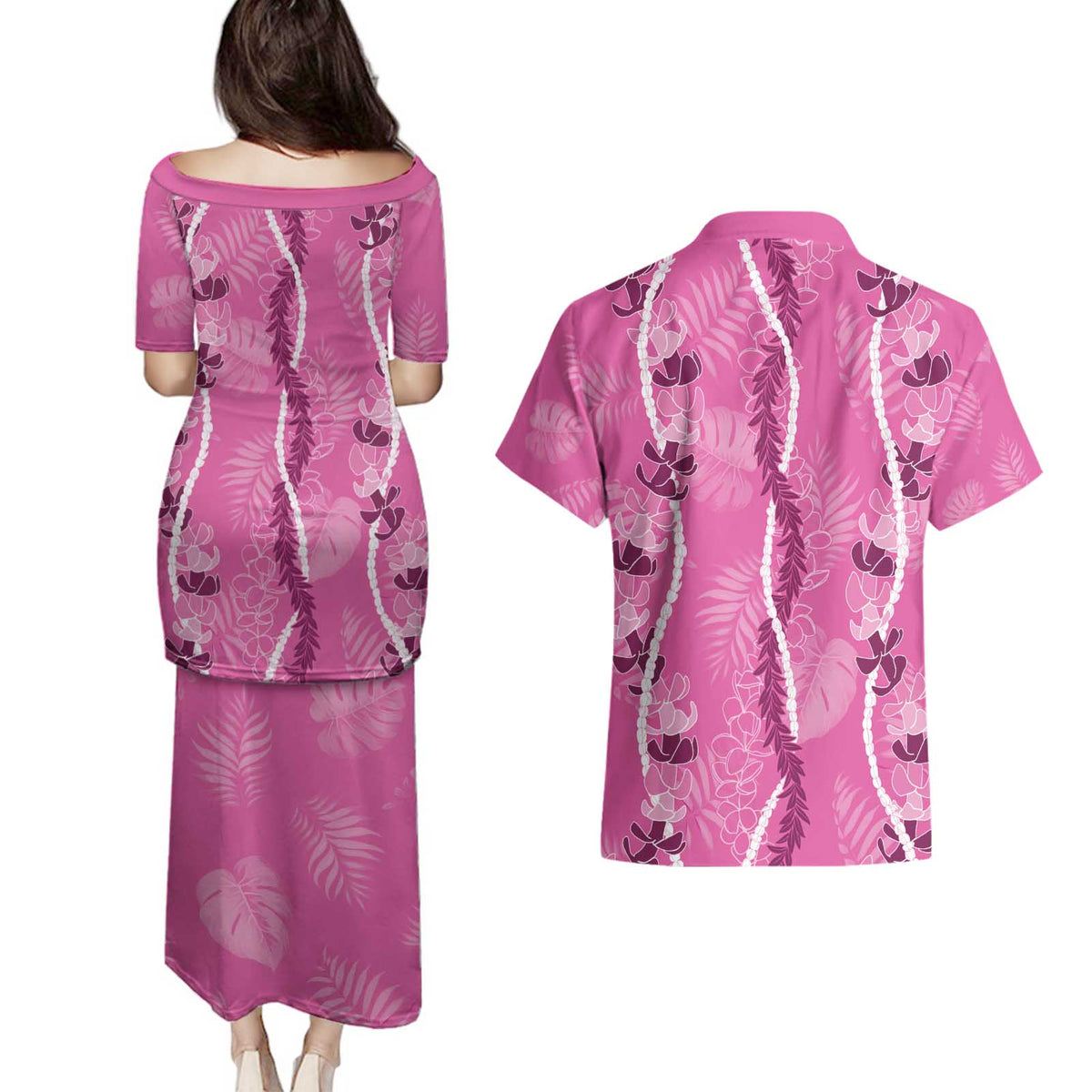 Hawaii Maile Lei Couples Matching Puletasi and Hawaiian Shirt With Pink Monstera Pattern LT05 - Polynesian Pride