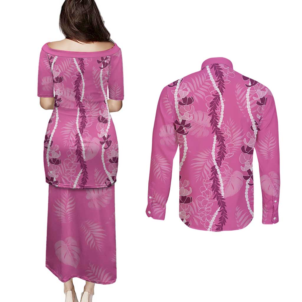 Hawaii Maile Lei Couples Matching Puletasi and Long Sleeve Button Shirt With Pink Monstera Pattern LT05 - Polynesian Pride