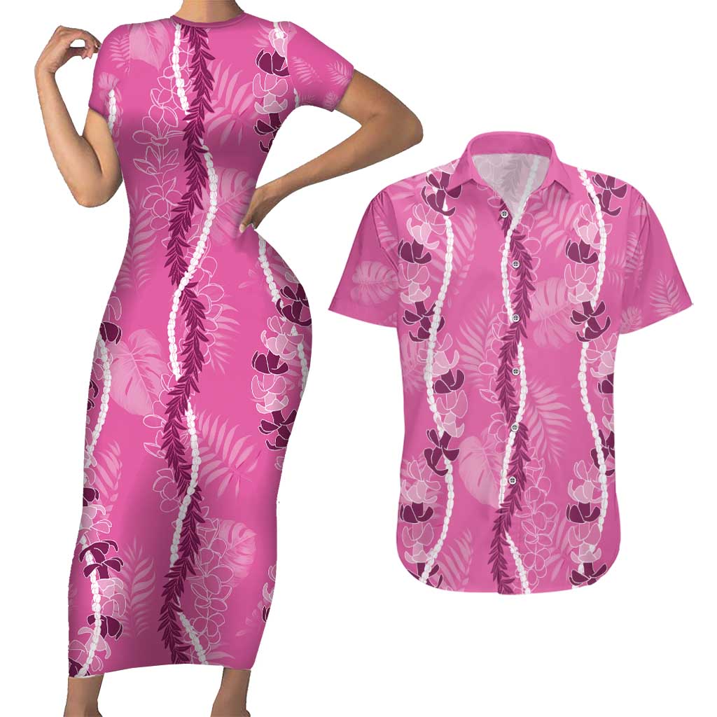 Hawaii Maile Lei Couples Matching Short Sleeve Bodycon Dress and Hawaiian Shirt With Pink Monstera Pattern LT05 Pink - Polynesian Pride