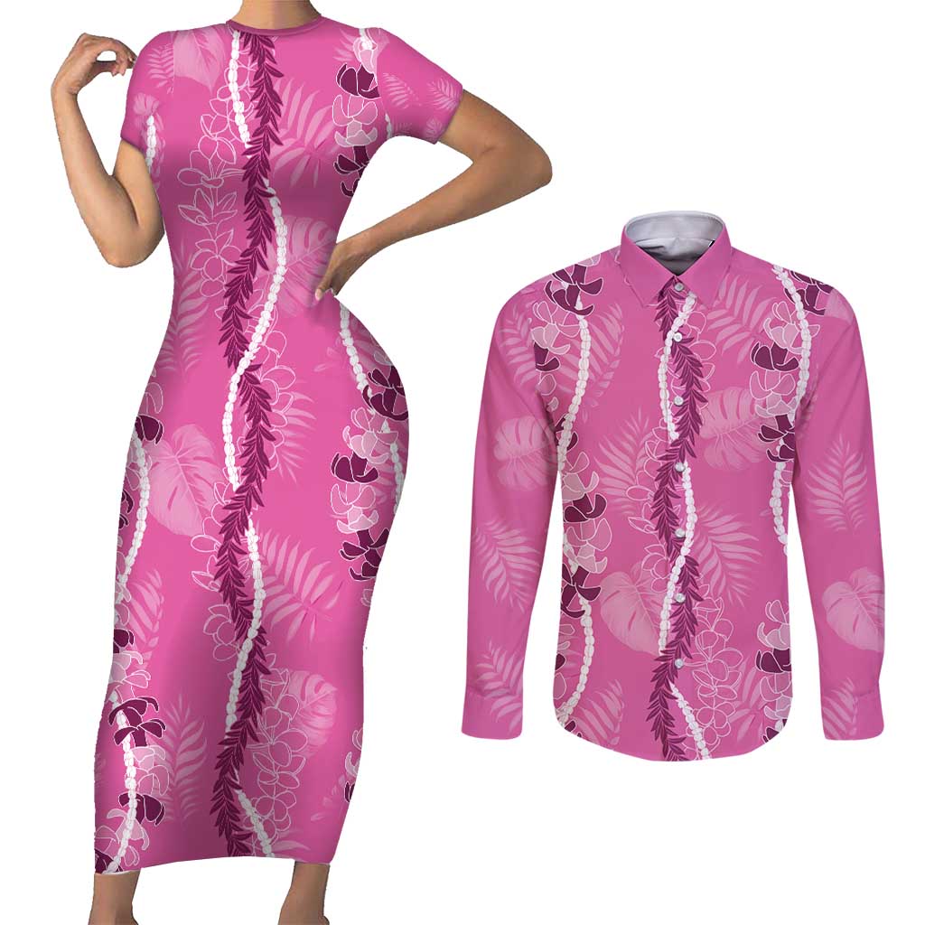 Hawaii Maile Lei Couples Matching Short Sleeve Bodycon Dress and Long Sleeve Button Shirt With Pink Monstera Pattern LT05 Pink - Polynesian Pride