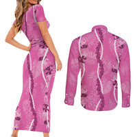 Hawaii Maile Lei Couples Matching Short Sleeve Bodycon Dress and Long Sleeve Button Shirt With Pink Monstera Pattern LT05 - Polynesian Pride
