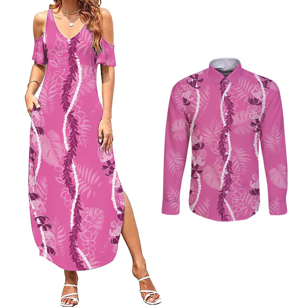 Hawaii Maile Lei Couples Matching Summer Maxi Dress and Long Sleeve Button Shirt With Pink Monstera Pattern LT05 Pink - Polynesian Pride