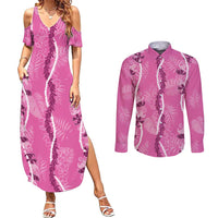 Hawaii Maile Lei Couples Matching Summer Maxi Dress and Long Sleeve Button Shirt With Pink Monstera Pattern LT05 Pink - Polynesian Pride