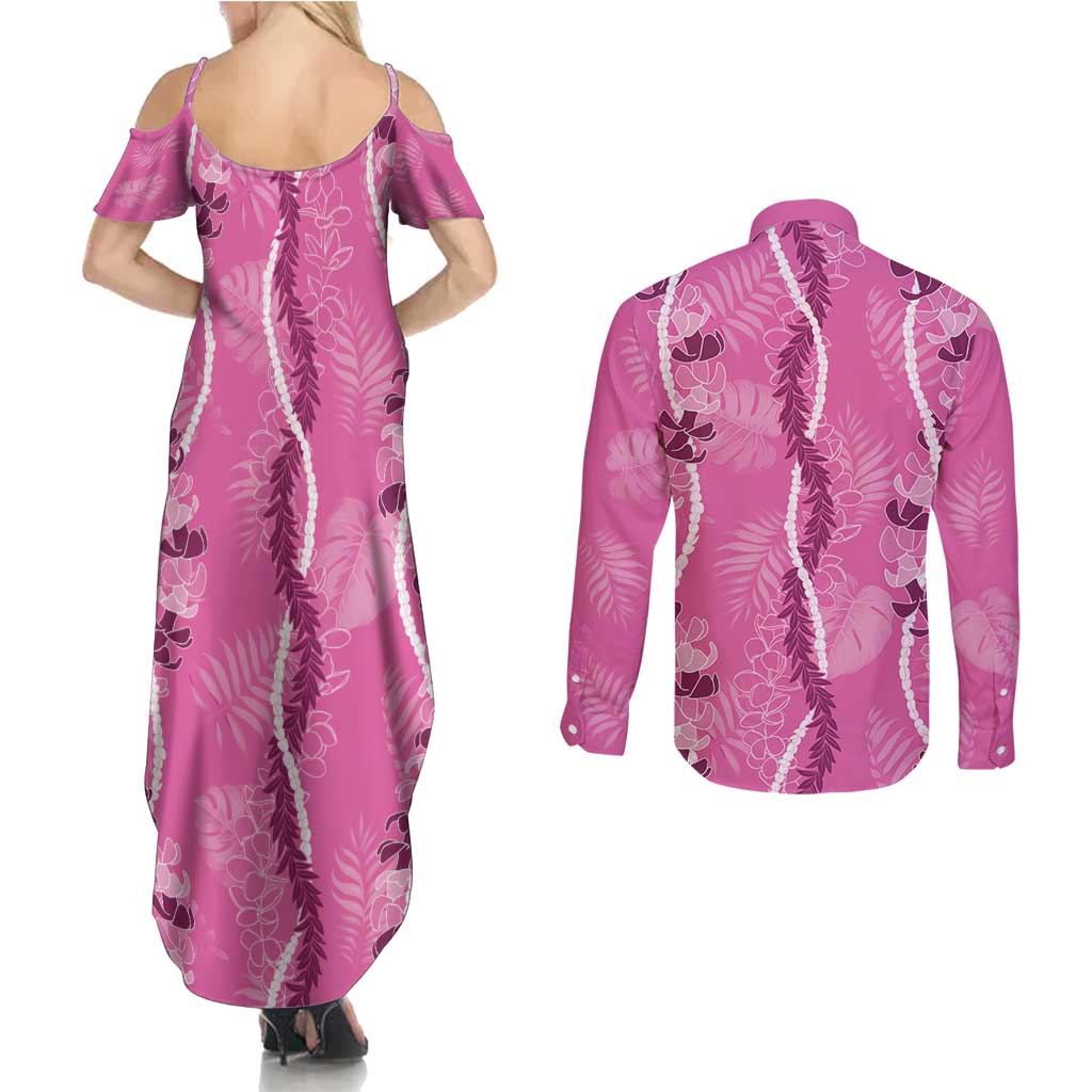 Hawaii Maile Lei Couples Matching Summer Maxi Dress and Long Sleeve Button Shirt With Pink Monstera Pattern LT05 - Polynesian Pride