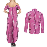 Hawaii Maile Lei Couples Matching Summer Maxi Dress and Long Sleeve Button Shirt With Pink Monstera Pattern LT05 - Polynesian Pride