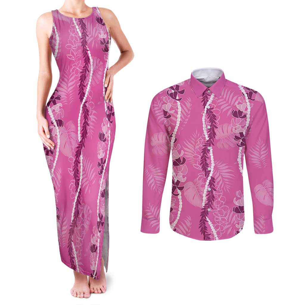 Hawaii Maile Lei Couples Matching Tank Maxi Dress and Long Sleeve Button Shirt With Pink Monstera Pattern LT05 Pink - Polynesian Pride