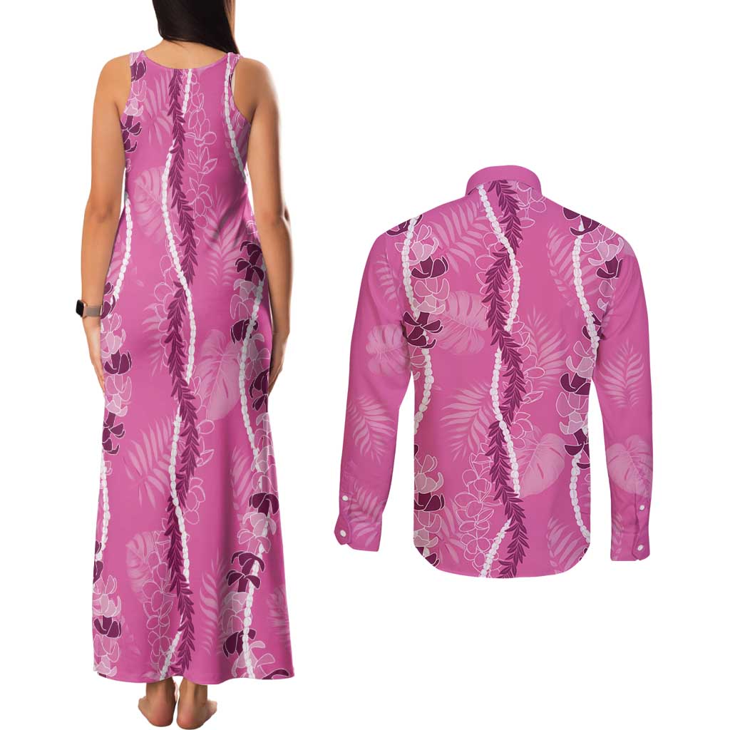 Hawaii Maile Lei Couples Matching Tank Maxi Dress and Long Sleeve Button Shirt With Pink Monstera Pattern LT05 - Polynesian Pride