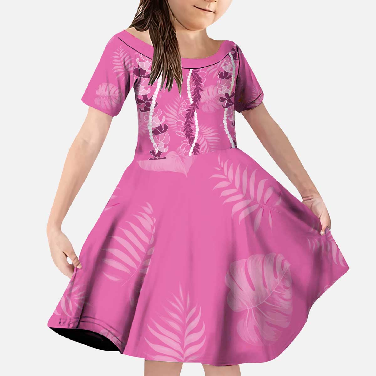 Hawaii Maile Lei Family Matching Off The Shoulder Long Sleeve Dress and Hawaiian Shirt With Pink Monstera Pattern