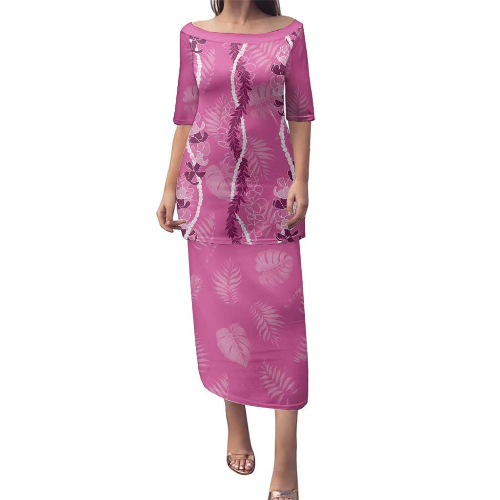 Hawaii Maile Lei Family Matching Puletasi and Hawaiian Shirt With Pink Monstera Pattern