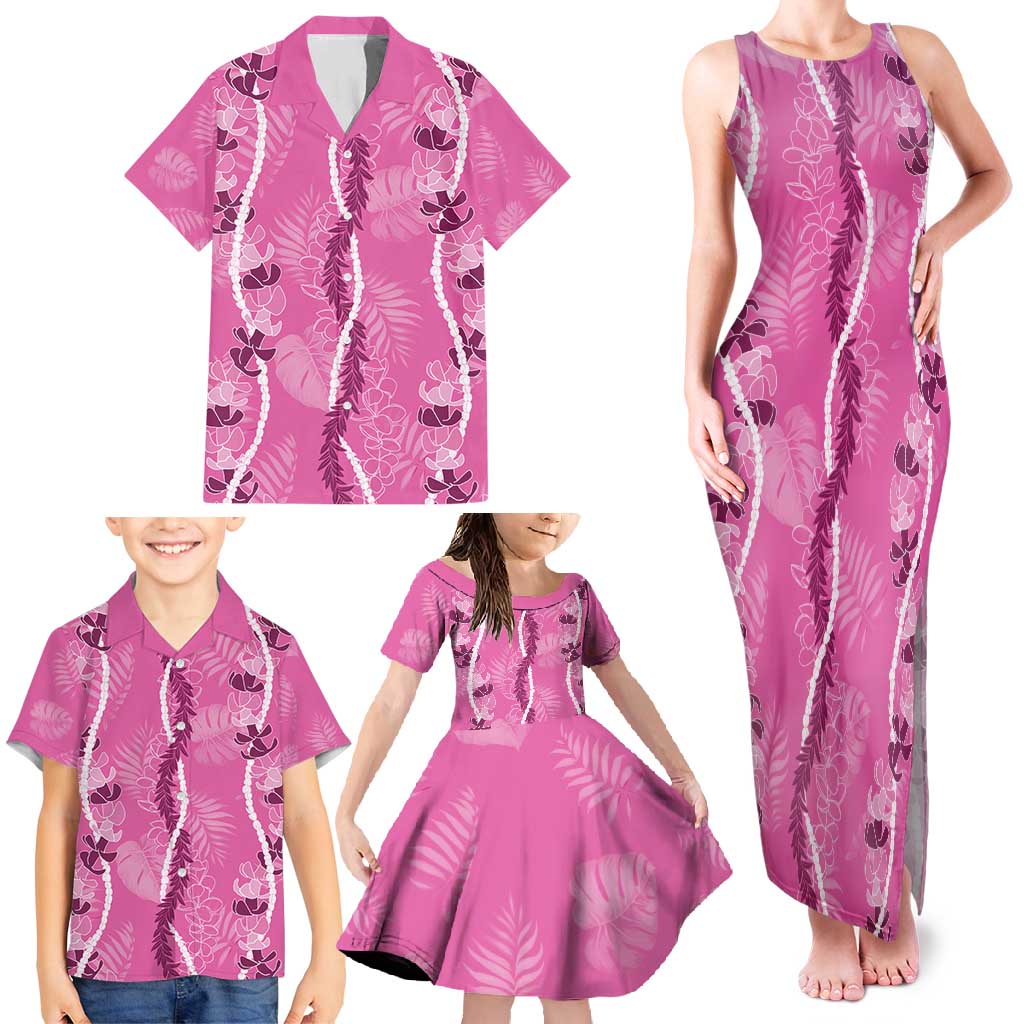 Hawaii Maile Lei Family Matching Tank Maxi Dress and Hawaiian Shirt With Pink Monstera Pattern