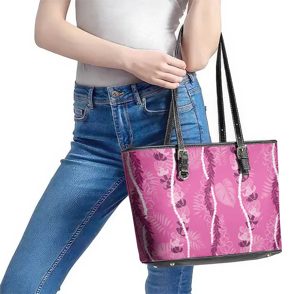 Hawaii Maile Lei Leather Tote Bag With Pink Monstera Pattern LT05 - Polynesian Pride