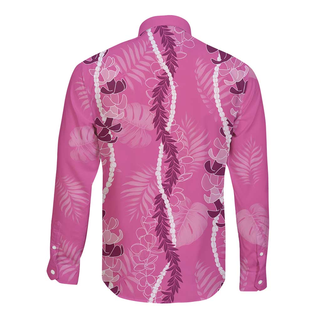 Hawaii Maile Lei Long Sleeve Button Shirt With Pink Monstera Pattern LT05 - Polynesian Pride