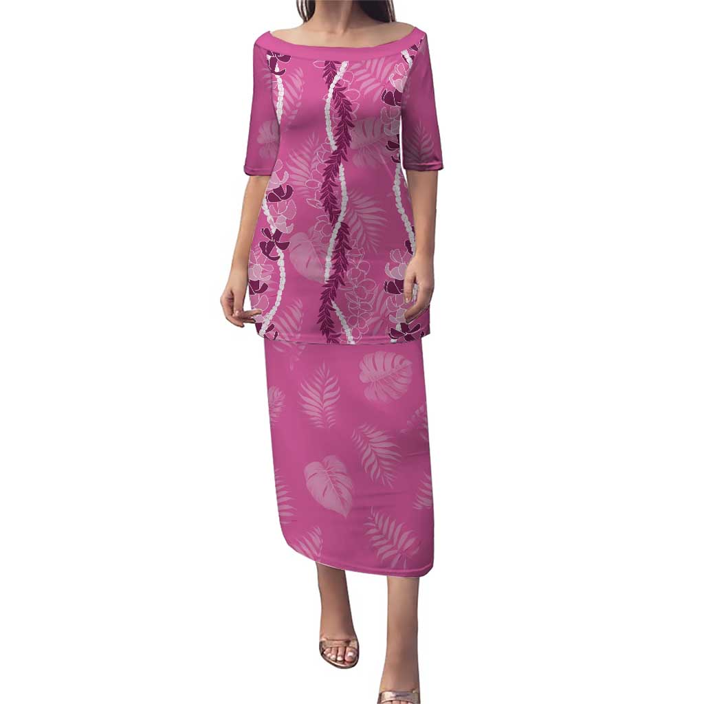 Hawaii Maile Lei Puletasi With Pink Monstera Pattern LT05 Long Dress Pink - Polynesian Pride