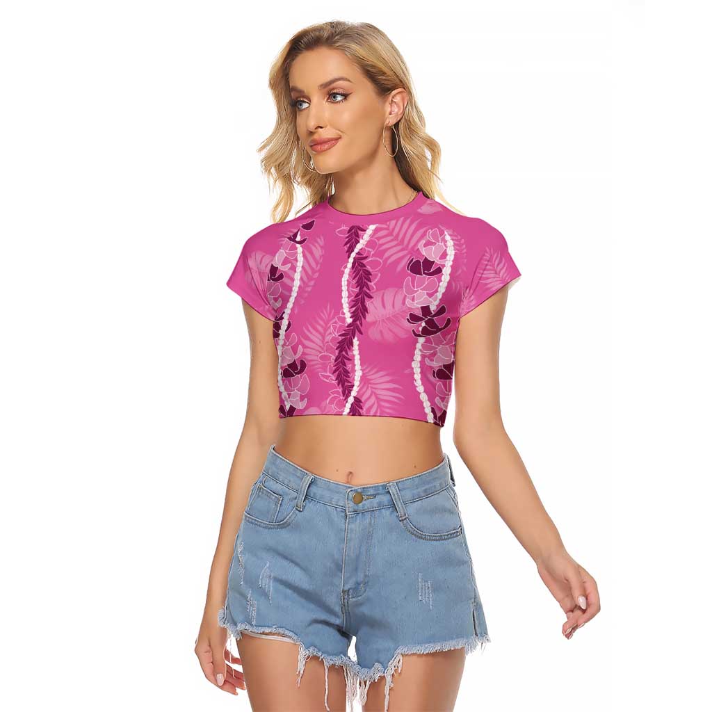 Hawaii Maile Lei Raglan Cropped T Shirt With Pink Monstera Pattern LT05 Female Pink - Polynesian Pride