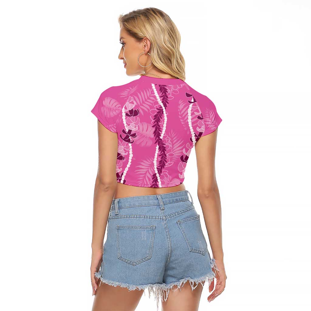 Hawaii Maile Lei Raglan Cropped T Shirt With Pink Monstera Pattern LT05 - Polynesian Pride