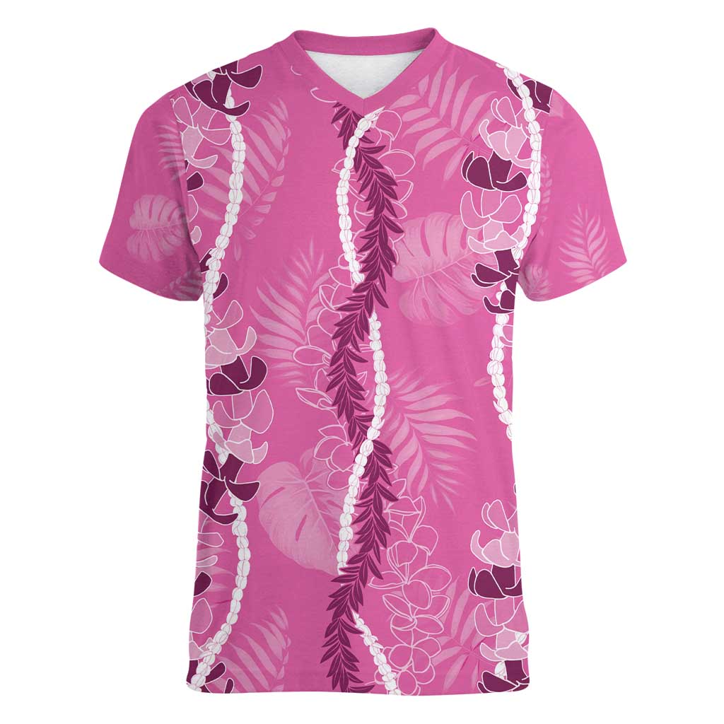 Hawaii Maile Lei Women V-Neck T-Shirt With Pink Monstera Pattern LT05 Female Pink - Polynesian Pride