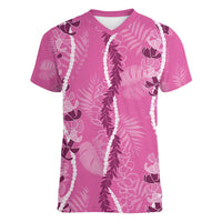 Hawaii Maile Lei Women V-Neck T-Shirt With Pink Monstera Pattern LT05 Female Pink - Polynesian Pride