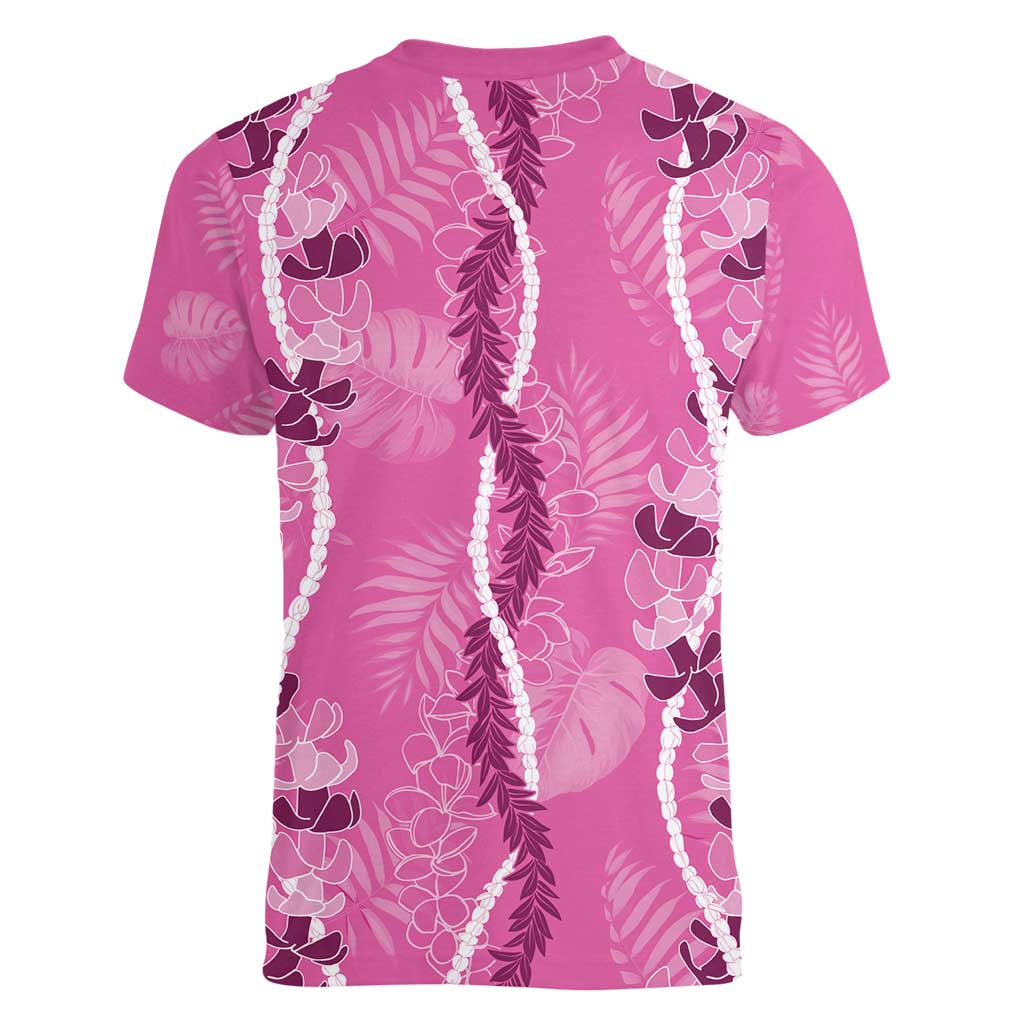 Hawaii Maile Lei Women V-Neck T-Shirt With Pink Monstera Pattern LT05 - Polynesian Pride