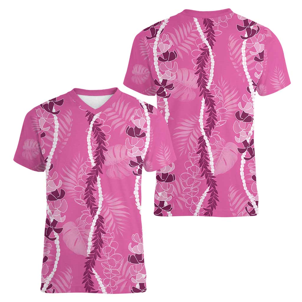 Hawaii Maile Lei Women V-Neck T-Shirt With Pink Monstera Pattern LT05 - Polynesian Pride