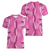 Hawaii Maile Lei Women V-Neck T-Shirt With Pink Monstera Pattern LT05 - Polynesian Pride