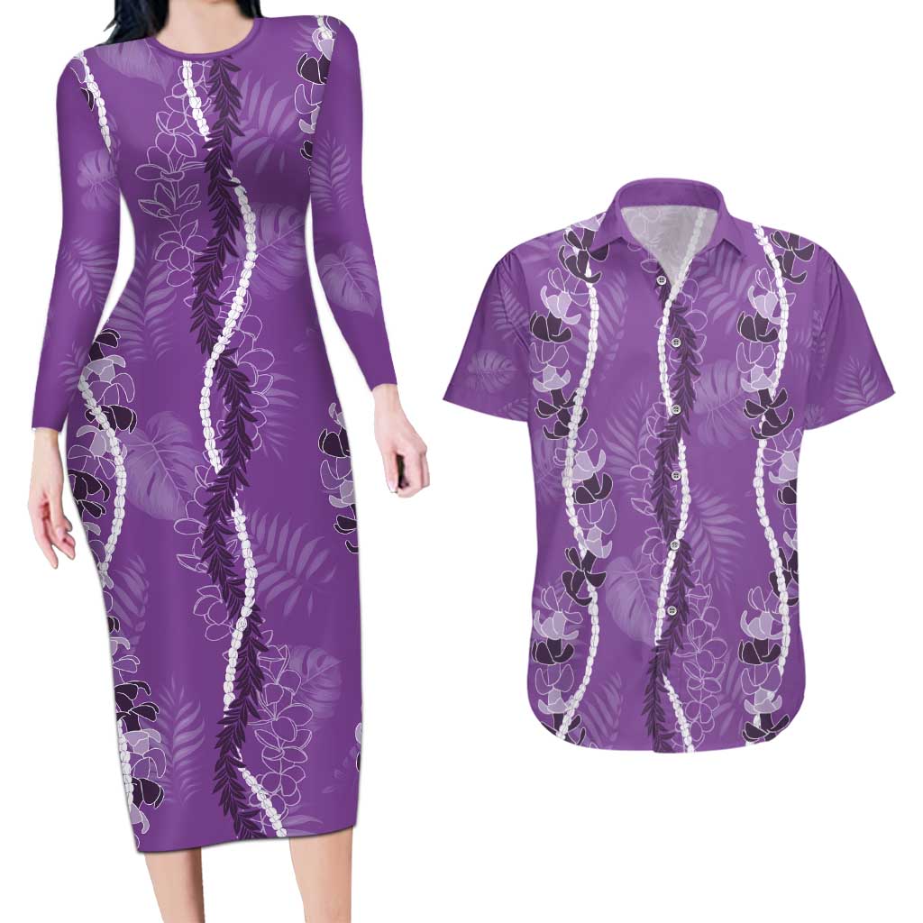 Hawaii Maile Lei Couples Matching Long Sleeve Bodycon Dress and Hawaiian Shirt With Violet Monstera Pattern LT05 Violet - Polynesian Pride