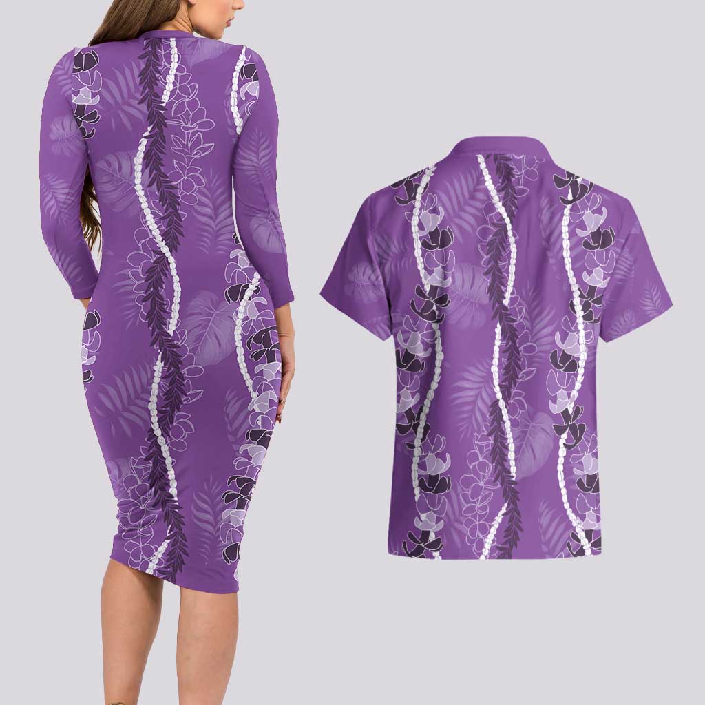 Hawaii Maile Lei Couples Matching Long Sleeve Bodycon Dress and Hawaiian Shirt With Violet Monstera Pattern LT05 - Polynesian Pride