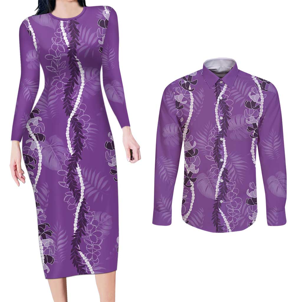Hawaii Maile Lei Couples Matching Long Sleeve Bodycon Dress and Long Sleeve Button Shirt With Violet Monstera Pattern LT05 Violet - Polynesian Pride
