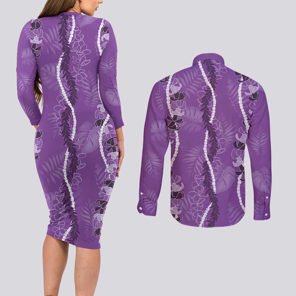 Hawaii Maile Lei Couples Matching Long Sleeve Bodycon Dress and Long Sleeve Button Shirt With Violet Monstera Pattern LT05 - Polynesian Pride