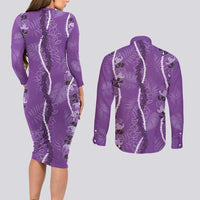 Hawaii Maile Lei Couples Matching Long Sleeve Bodycon Dress and Long Sleeve Button Shirt With Violet Monstera Pattern LT05 - Polynesian Pride