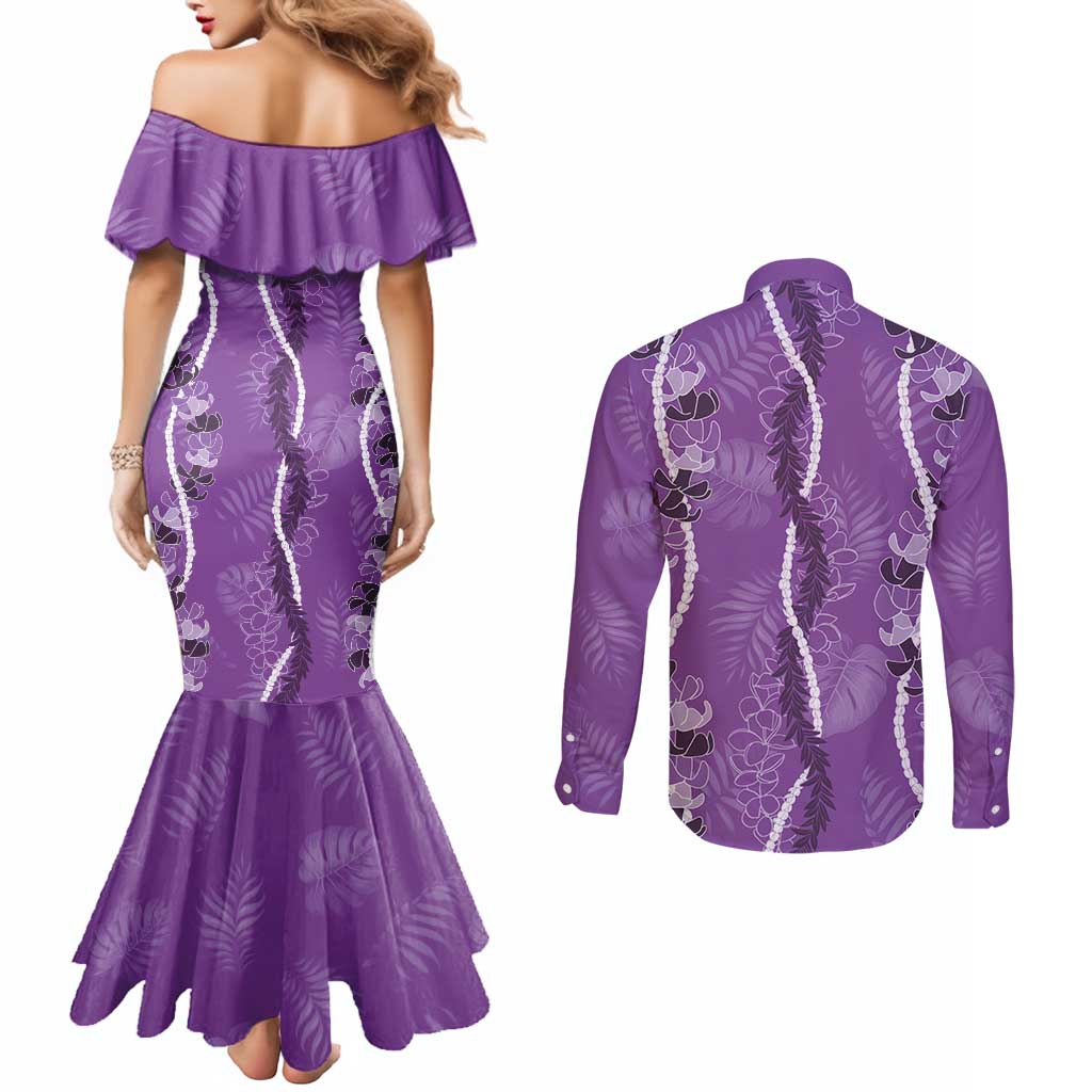 Hawaii Maile Lei Couples Matching Mermaid Dress and Long Sleeve Button Shirt With Violet Monstera Pattern LT05 - Polynesian Pride